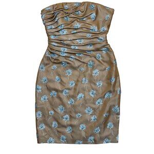 Carmen Marc Valvo SIZE 6 Camel/Aqua Beaded or Embellished Ruched Mini w Boning